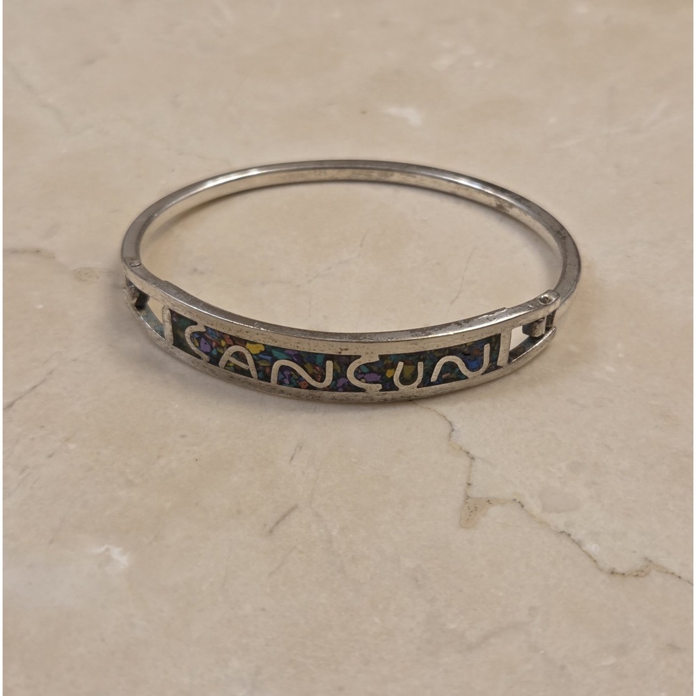 Vintage‎ Alpaca Silver Cancun Mexico Hinge Bangle Bracelet 6.5"